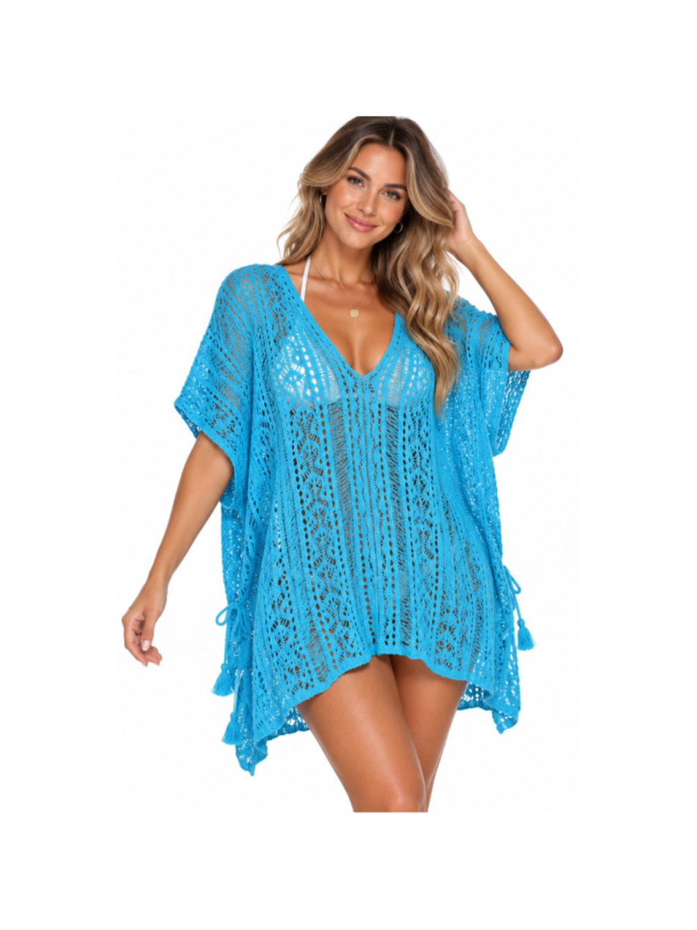 Women's One Size Boho Open Knit Beach Coverup – Blue Tassel Swim Cover-Up – NIP